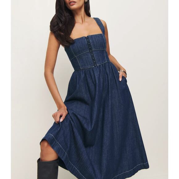 Reformation Tagliatelle Midi Dress Ellis Wash Denim Square Neck A-Line SZ 8 - Picture 1 of 8